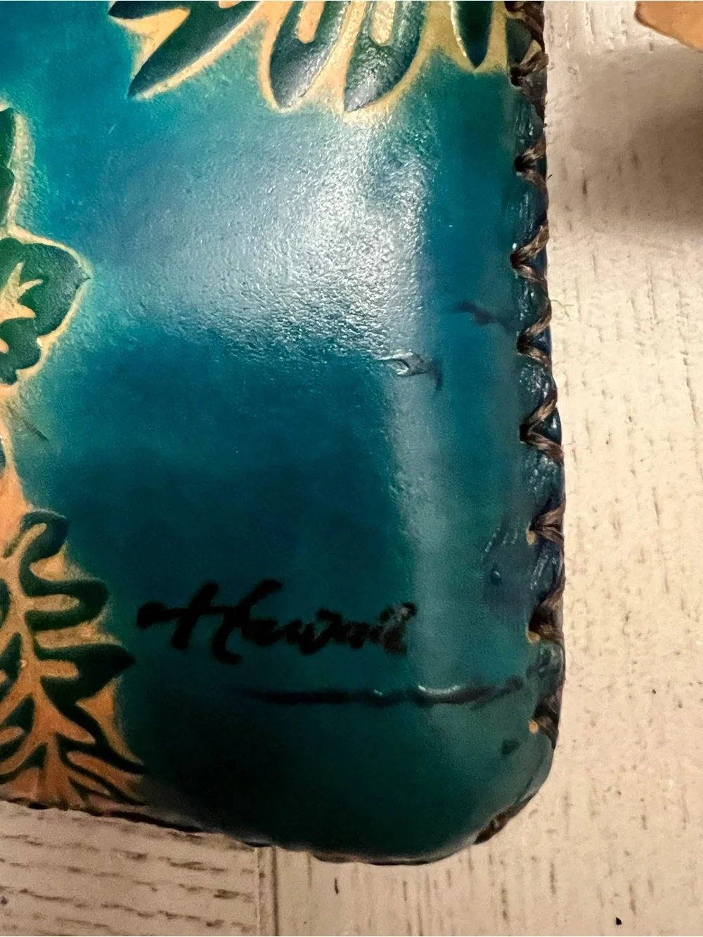 Hand-Painted Leather Teal Floral Wristlet Wallet - Anuschka Style *NWT*